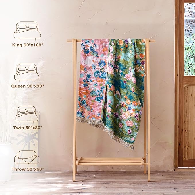 Boho Throw Blanket for Couch Sofa Chair Spring Cotton Blankets for Bedroom Living Room All Season Soft Lightweight Reversible Floral Embroidery Decorative Throws 50"x60" Home Decor