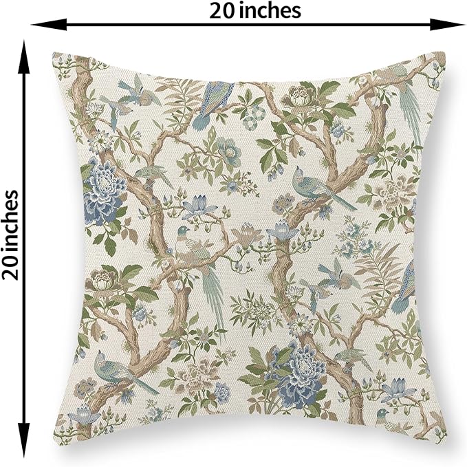 Blue Green Floral Bird Pillow Covers 20x20 Set of 2 Chinoiserie Throw Pillows Green Vintage Flowers Bird Decorative Pillow Cases Outdoor Chinoiserie Decor Farmhouse Cushion Case for Couch Sofa