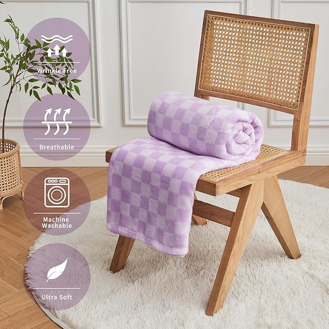 FY FIBER HOUSE Checkered Flannel Fleece Throw Blanket Soft Cozy Checkerboard Grid Print Chessboard Gingham Pattern Blankets for Bed Couch Sofa, 60"x80", Purple