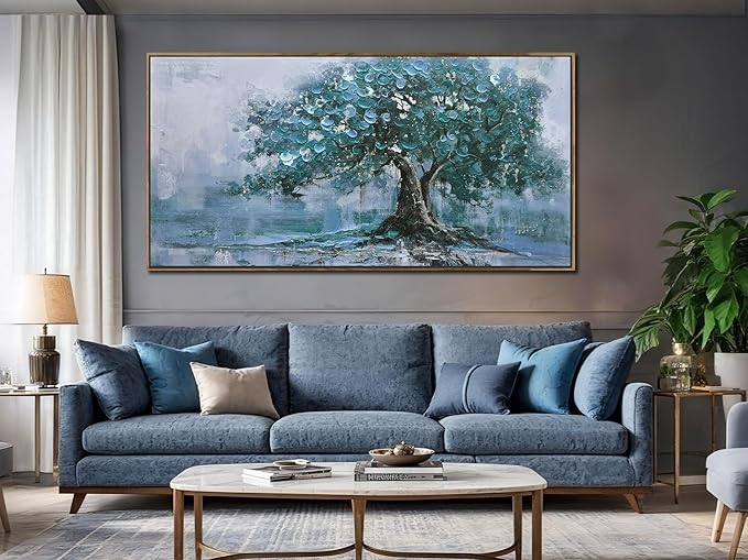 Ardemy Extra Large Framed Tree Canvas Wall Art for Living Room, Teal Tree of Life Landscape Bedroom Picture Wall Decor, Nature Painting Artwork for Wall Home Office Dining Room Kitchen 58"x29"