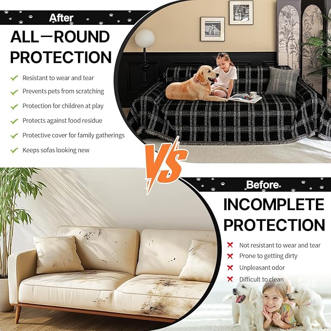 HANDONTIME Checkered Sofa Cover Washable, White Plaid Couch Slipcover Geometric Pet Couch Cover for Dogs Chenille Durable Couch Covers for 3 Cushion Couch Sofa Pet Friendly (Black, 71"x134")