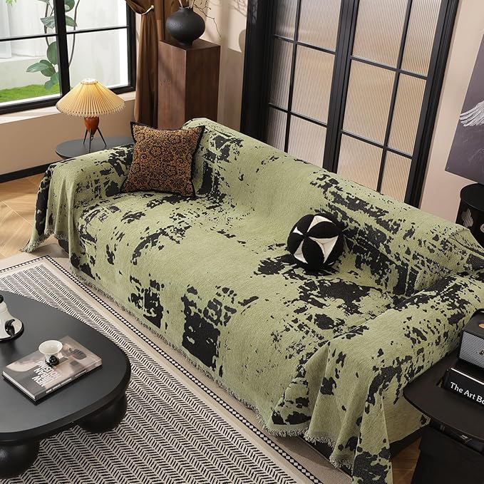 HANDONTIME Abstract Couch Cover for Dogs Green and Black Couch Cover Blanket for 3 Cushion Sofa Modern Aesthetics Sofa Covers Washable Pet Friendly Chenille Pet Protector Furniture Covers, 71" X 134"