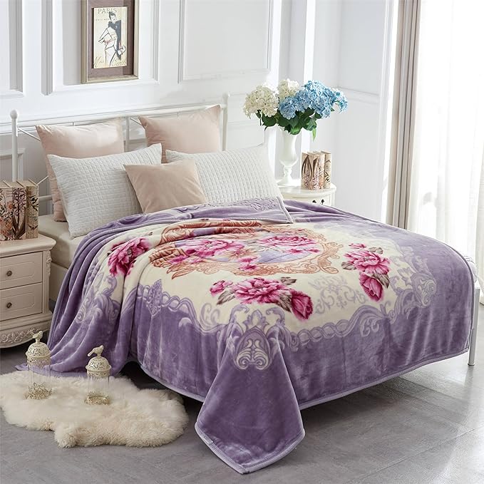 JYK Korean Faux Mink Fleece Blanket 83" X 91", 5.7 LB - 2 Ply Reversible Soft Warm Plush Flannel Blanket, A&B Pattern Printed Embossed Microfiber Blanket, (Light Purple Peony/Peony, King)