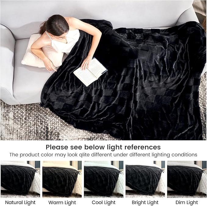 Cozy Bliss Checkered Faux Rabbit Fur Blanket King Size for Bed, Soft Fuzzy Blankets for Women Men, Large Furry Fleece Throw for Bedroom Decor (Black,108" x 90")
