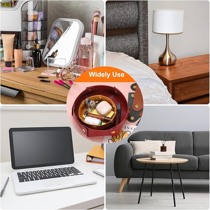 HARFINGTON 2pcs PU Leather Valet Tray Unisex Valet Tray Folding Round Catchall Tray Portable Entryway Table Tray Nightstand Bedside Desk Tray for Key Watch Coin Jewelry Dice, Orange