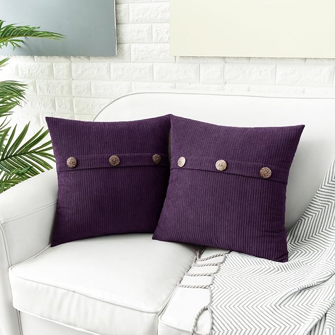 HWY 50 Purple Chenille Throw Pillow Covers 20x20 Inch with Triple Buttons, Soft Farmhouse Accent Decorative Cushion Cases for Couch Sofa Bed Living Room Pack of 2