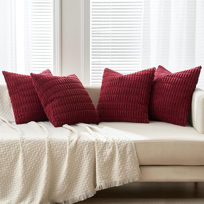 MIULEE Pack of 4 Christmas Wine Red Corduroy Decorative Throw Pillow Covers 18x18 Inch Soft Boho Striped Pillow Covers Modern Farmhouse Home Decor for Sofa Living Room Couch Bed