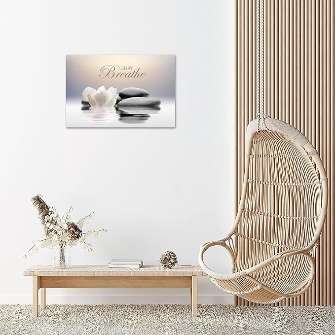Zen Stone Canvas Wall Art Just Breathe Yoga Quotes Poster for Spa Decor White Lotus Flower Pictures Prints for Bathroom Modern Spiritual Artwork Framed (28 x 44inches)