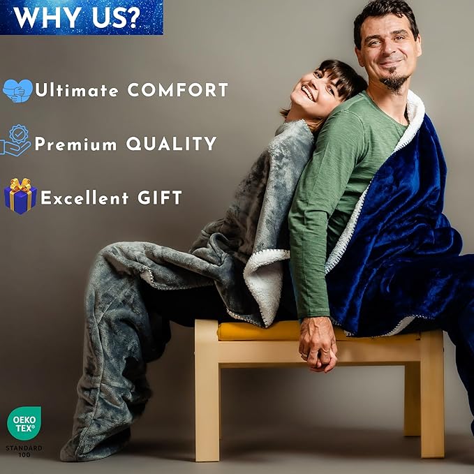 Premium Double Layer Foot Pocket Blanket -Patent Pending- TV Throw - Gamer Gifts for Men Who Want Nothing - Lap Blanket (Double Layer Sherpa-Fleece, Velvet Blue)