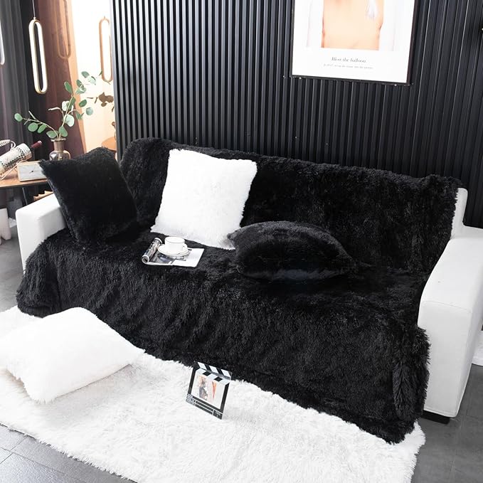 YUSOKI Long Faux Fur Twin Size Blanket,2 Layers,3.4lb for Bed Couch Home Décor Gifts Men (Black,60" x 80")