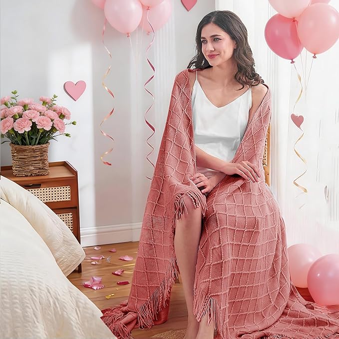 inhand Coral Pink Knitted Throw Blanket for Couch Bed, Mothers Day/Mom Birthday Gifts for Mom from Daughter Son, Soft Lightweight with Tassels, Farmhouse Warm Decorative Blanket for Women, 50"x60"