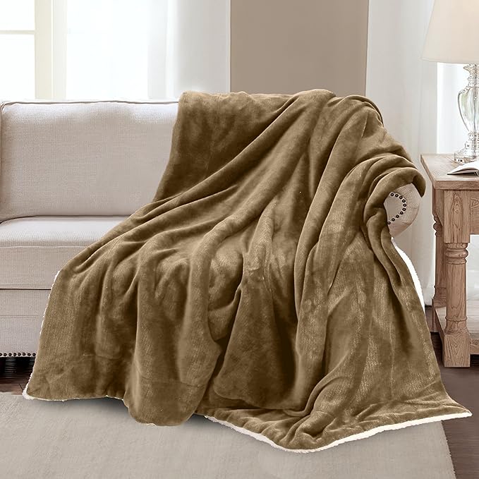 Mocassi Premium Ultra-Soft Velvet Touch Flannel Fleece Sherpa Throw - Warm Cozy Reversible Plush Micromink Throw Blanket for Couch, Bed and Sofa - Fluffy, Christmas Winter Bedding Gift, Taupe