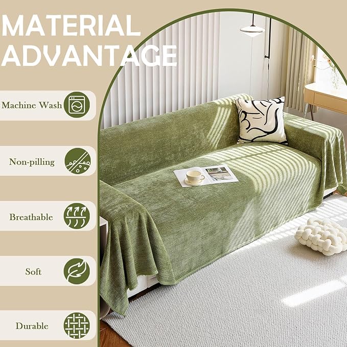 HANDONTIME Dark Green Couch Cover Jacquard Corduroy Couch Cover for Sofa Green Cute Sofa Covers Washable Morden Sofa Covers for 3 Cushion Soft Chenille Sectional Blanket Cover Sofa Decor, 71" X134"