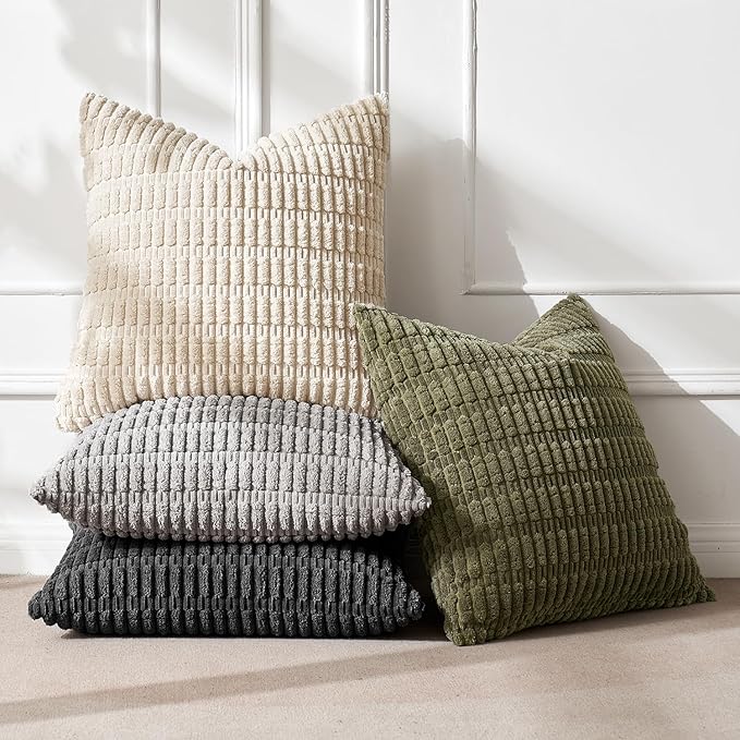 MIULEE Pack of 4 Neutral Mid Century Grey and Olive Corduroy Decorative Throw Pillow Covers 18x18 Inch Modern Soft Striped Pillow Covers Home Decor for Sofa Living Room Couch Bed