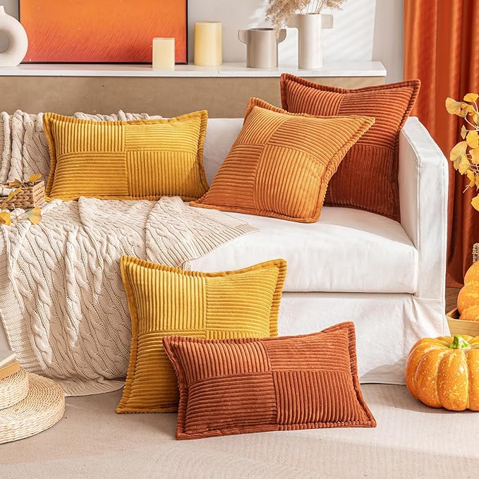 MIULEE Burnt Orange Decorative Lumbar Throw Pillow Covers for Couch Bed Livingroom 12x20 Inch Set of 2 Boho Accent Throw Pllows Broadside Striped Patchwork Soft Corduroy Pillowcases