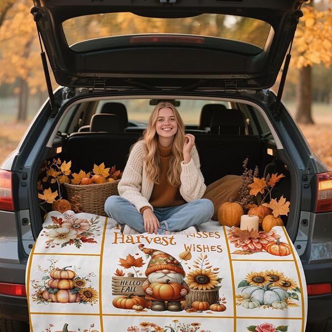 yuboo Pumpkin Gnome Spring Throw Blanket, 50"x60" Autumn Suflower Blankets and Throws for Couch, Soft Flannel Lap Sofa Blanket, Gnome Gift for Girls, Women, Teens, Kids, Family