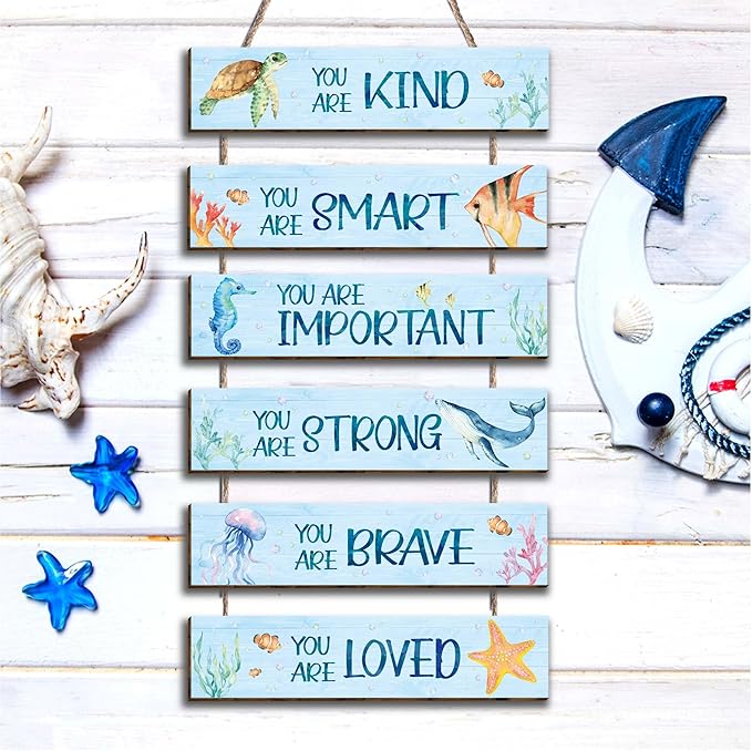 6 Pieces Ocean Decor Kids Room Decor, Inspirational Watercolor Ocean Positive Quotes Wall Art Decor for Teens Children Bedroom, Works of Art Made of Wood, Works of Art of Wood, Placards of Woods