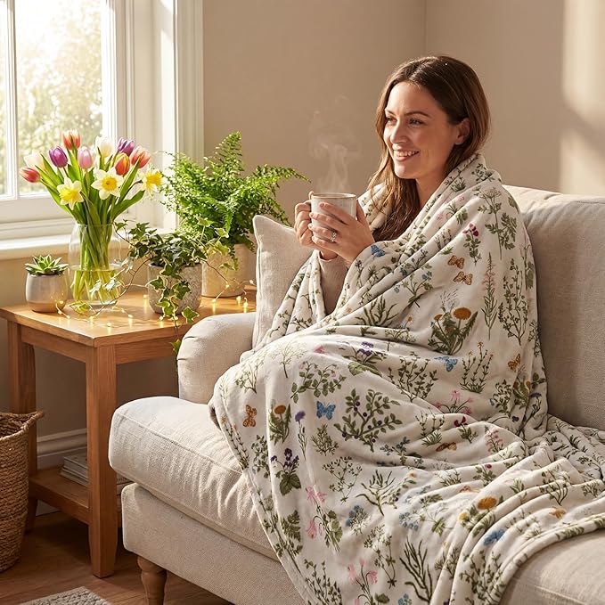 Horaldaily Spring Summer Flannel Blanket Throw, Green Plants Wild Flowers Soft Fuzzy Plush Cozy Fleece Blankets for Couch Sofa Bed Lounging, Ideal Gifts for Kids Adults Self, 50x60