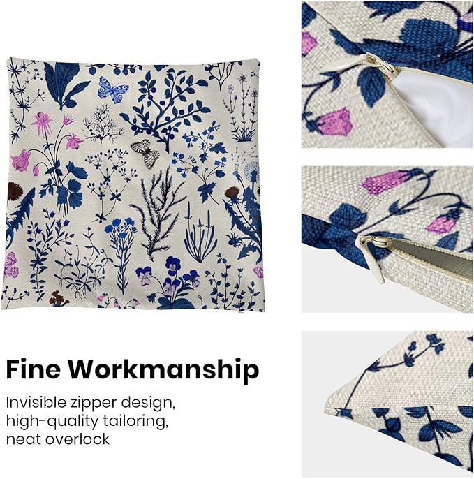 AEIOAE Summer Pillow Covers 18x18 Inch Set of 2,Navy Blue Wild Flower Plant Throw Pillows Case,Seasonal Floral Outdoor Decorative Square Linen Farmhouse Decor Cushion Covers for Home Sofa Bed Couch
