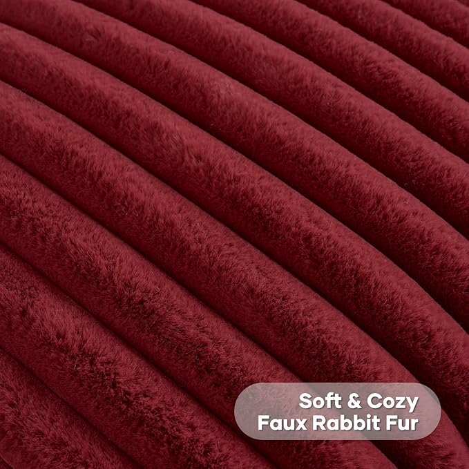 FUTEI Burgundy Decorative Throw Pillow Covers Set of 2, 26x26 Inch Soft Fluffy Faux Fur Plush Striped Euro Pillow Shams, Modern Home Decor for Couch Bed Living Room