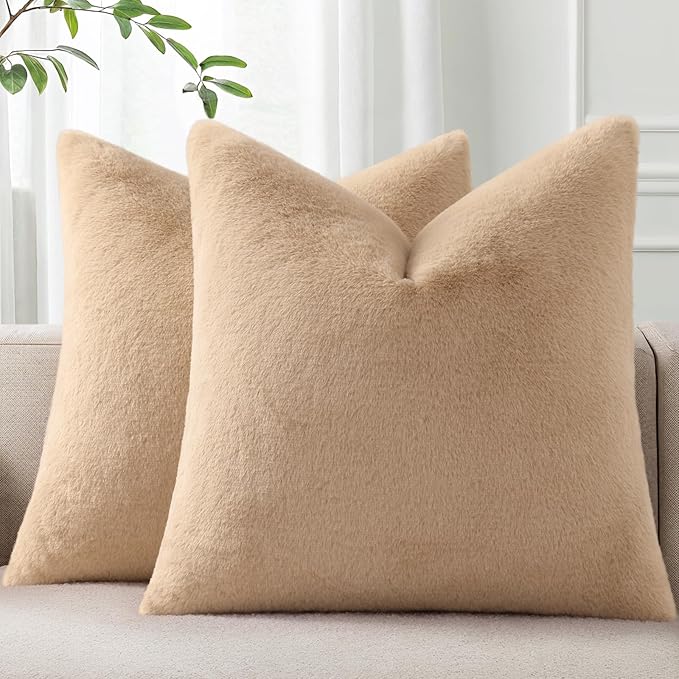 Pallene Faux Fur Plush Throw Pillow Covers 24x24 Set of 2, Soft Fluffy Couch Pillow Covers for Living Room, Khaki