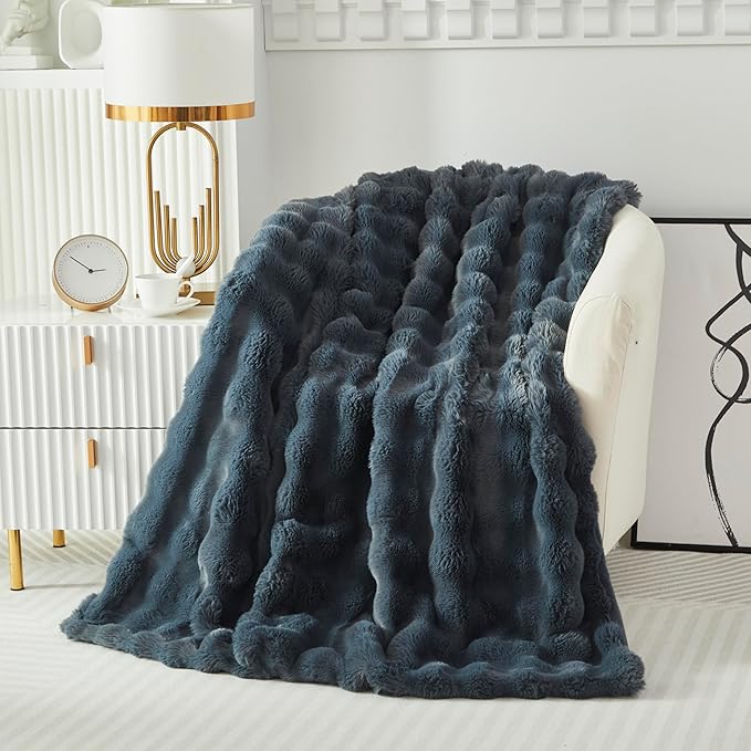 Faux Fur Throw Blanket for Couch Cozy Fuzzy Soft Plush Thick Fluffy Fleece Bubble Blanket for Sofa Bedroom Living Room, 63x79 Inches Dark Grey