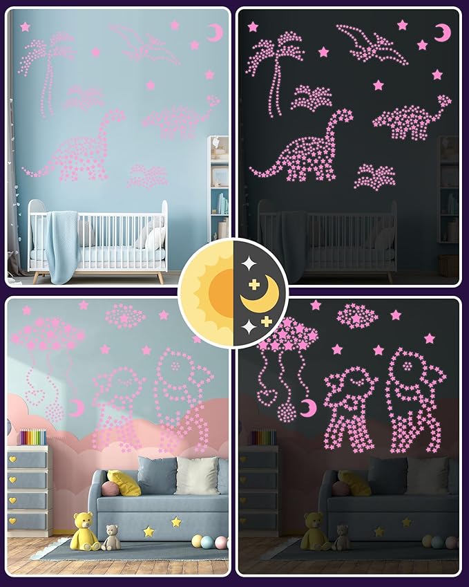 Greingways 201 Pcs Glow in The Dark Stars Stickers for Ceiling Bedroom, Stocking Stuffers for Kids Ages 3-5, 4-8, 8-12, Boys Girls Room Decor Wall Stickers Stocking Stuffers for Toddler-Pink