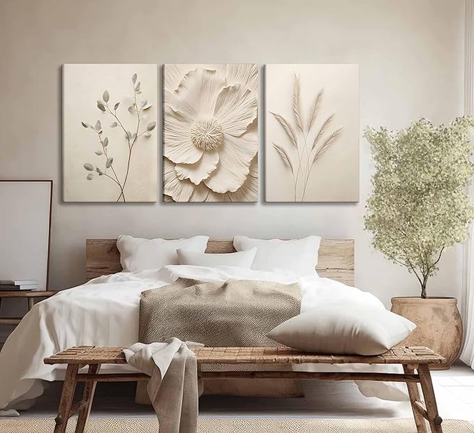 3Pcs Neutral Beige Floral Plant Canvas Wall art Textured Flower Botanical Painting Picture Wall Decor Vintage Blossom Poster Prints for Living Room Bedroom Bathroom Decoration
