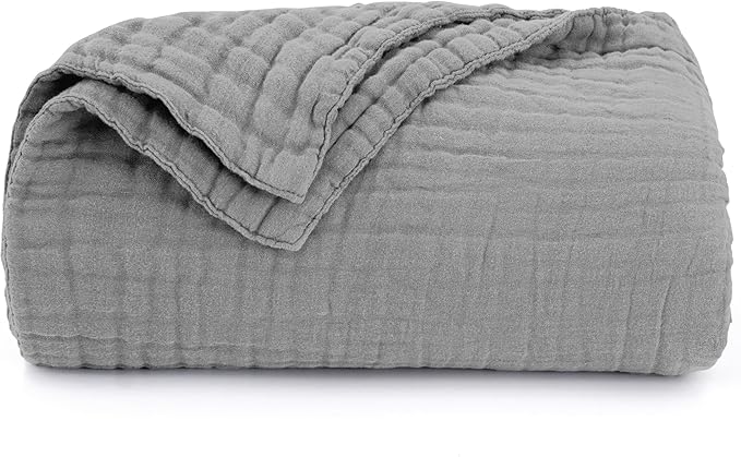 Love's cabin 100% Cotton Muslin Blanket, 6 Layer Lightweight Breathable Gauze Queen Size Blanket 90 x 90 Inches, Soft All Season Blanket for Bed, Medium Grey