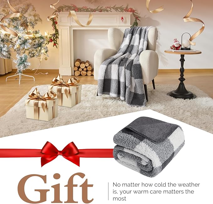 LURKA Checkered Sherpa Fleece Throw Blanket – Soft and Cozy, Medium Weight for All Season, Oversized Plush Throw for Couch, Bed & Pets, Smoke Grey, 90x90 Inches