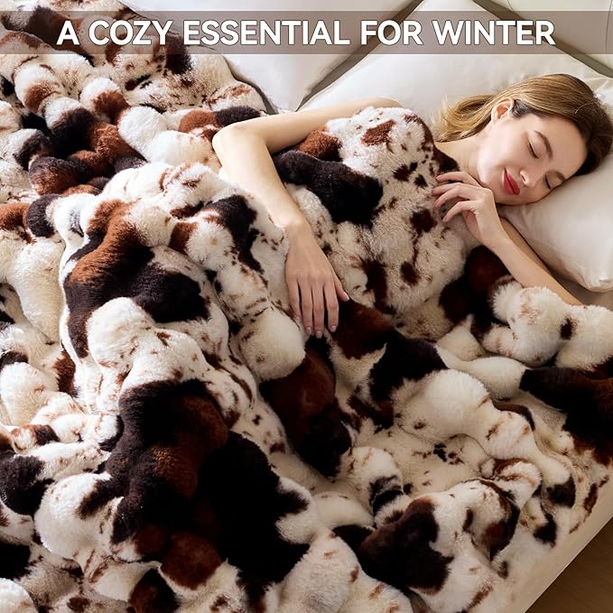 Faux Fur Throw Blanket, 1000GSM Fluffy Soft Bubble Blanket for Couch Bed, Cozy Plush Warm and Thick Blanket, Fuzzy Rabbit Throw for Living Room Bedroom 60''*80'' Cow Brown