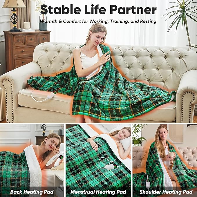 OCTROT Green Heated Blanket Electric Throw 50X60, Heating Blanket for Couch, Plaid Sherpa Winter Blankets Warmer, 10 Levels & 8-Hour Auto Off, for Mom Women, Home Decor for Couch Bed Office