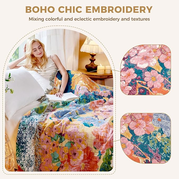 Boho Throw Blanket for Couch Sofa Chair Cotton Spring Blankets for Bedroom Living Room All Season Soft Lightweight Reversible Floral Embroidery Breathable Decorative Throws 50"x60"