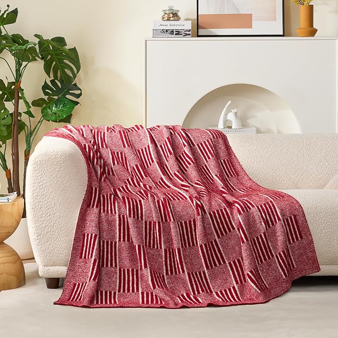 Snuggle Sac Red Checkered Christmas Throw Blanket,Super Soft Reversible Cozy Warm Blanket for Couch Sofa Bedroom,Cute Lightweight Striped Throws for Women,Heather Red,50x60 inches
