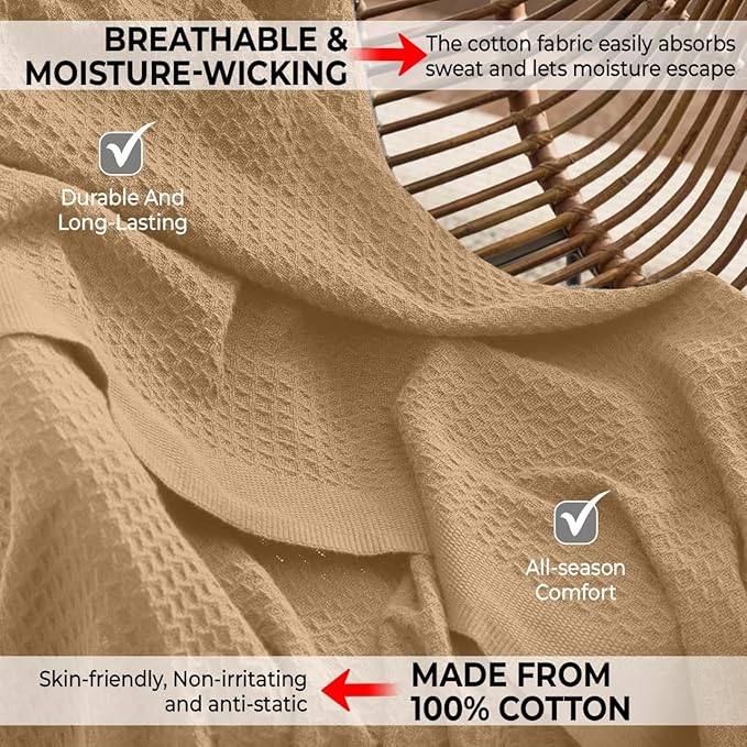100% Cotton Blankets for Bed - Waffle Weave Blankets for Summer, Lightweight and Breathable Soft Woven Blanket for Spring (Beige, Throw (50" x 60"))