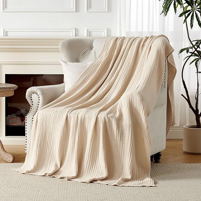 Joydeco 100% Cotton Muslin Throw Blanket for Couch Bed and Sofa, 4-Layer Lightweight and Breathable Soft Gauze Blanket for All Season, Luxury Throws Cotton Blanket Gift(Light Tan, 50"x70")