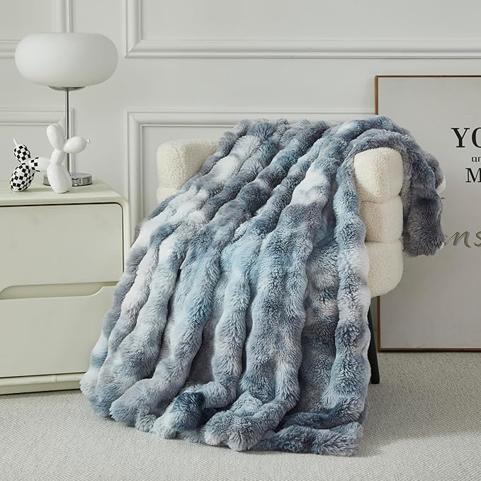 Faux Fur Throw Blanket for Couch Cozy Fuzzy Soft Plush Thick Fluffy Fleece Bubble Blanket for Sofa Bedroom Living Room, 51x63 Inches Tie-Dye Silver Gray