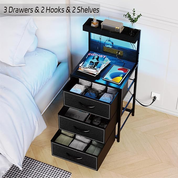 LED Nightstand with Charging Station, Night Stand with 3 Drawers and Lights, Storage Side Table with Shelf and Hooks, Tall End Table for Bedside, Bedroom, Modern Black