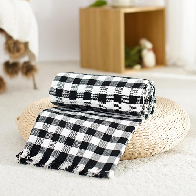 100% Cotton Throw Blanket Plaid Soft Lightweight Cozy Farmhouse Tassels Summer Thin Breathable Throws for Couch Sofa Bed (50" × 60" Black)