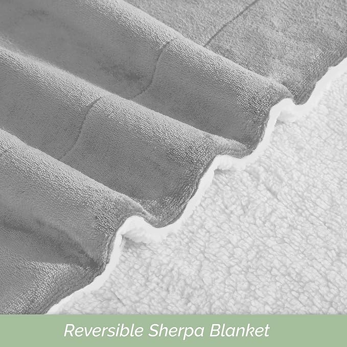 Elegant Comfort Ultra Soft Reversible Flannel Sherpa Blanket - Cozy Silky Fleece Throw for Couch, Bed - Plush Fuzzy Warm Winter Blanket for Gift, Twin, Silver Grey