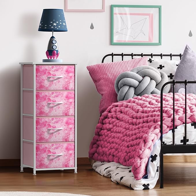 Sorbus Dresser Storage Tower, Organizer Drawers for Closet Boys & Girls Bedroom, Bedside Furniture, Chest for Home, College Dorm, Steel Frame, Wood Top, Tie-dye Fabric Bins(4-Drawer, Pink)