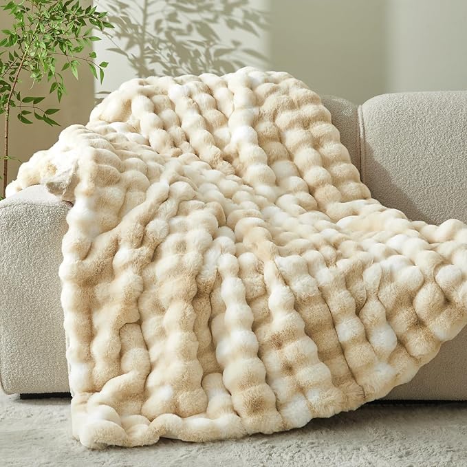 BEDELITE Faux Fur Throw Blanket for Couch, Decorative Tie-Dye Khaki Plush Bubble Blanket - Super Soft & Cozy Fluffy Faux Rabbit Fur Blanket for Women Gift, 60x80 Inches