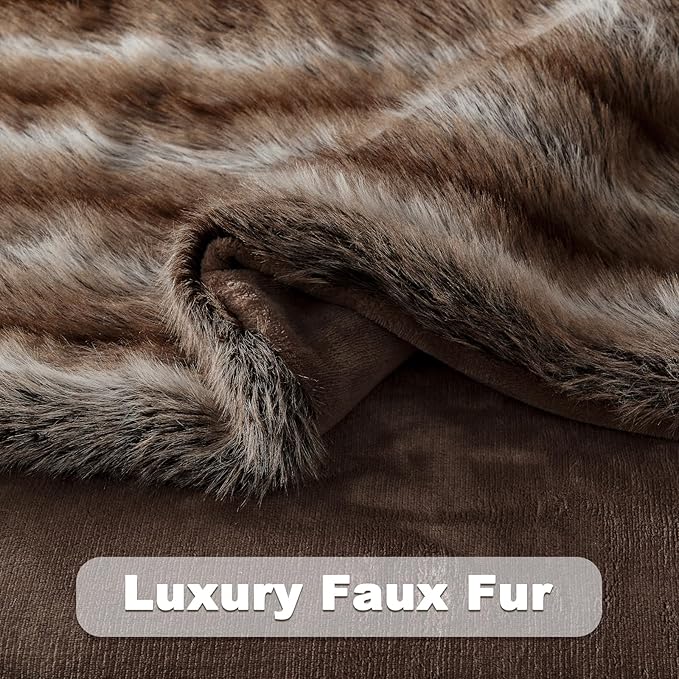 NEWCOSPLAY Faux Fur Throw Blanket Luxury Fluffy Thick Warm Blanket for Couch Sofa Bed 1000GSM (Stripe Dark Brown Thick, Throw(50"x60"))