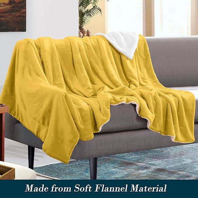 Mocassi Premium Ultra-Soft Flannel Fleece Sherpa Throw Blanket - Warm Cozy Reversible Plush Micromink Blanket for Couch, Bed and Sofa - Fluffy, Christmas Winter Bedding Gift, Twin XL, Yellow