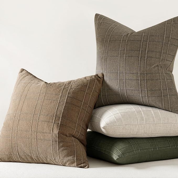 MIULEE Decorative Linen Check Euro Shams Throw Pillow Covers Neutral Farmhouse Vintage Pillow Covers 22x22 Set of 2 Boho Modern Winter Home Decor for Sofa Couch Bedroom Cushion Light Brown