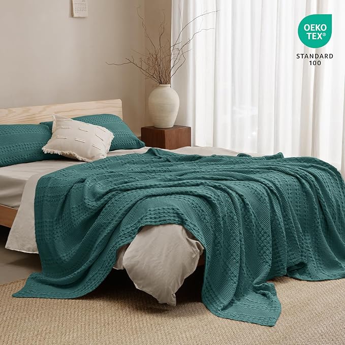 PHF 100% Cotton Waffle Weave Blanket Twin Size for Bed, Soft Lightweight & Breathable for Spring and Summer, All-Season Comfort, Luxury Aesthetic Blanket for Home Decor, 66"x90", Teal