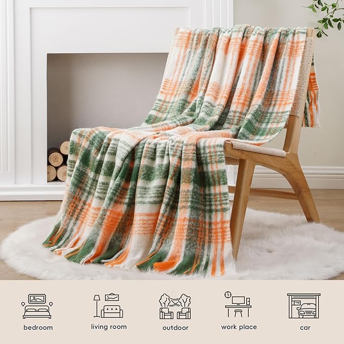 BATTILO Green Plaid Throw Blanket for Couch, Fall Mohair Tartan Plaid Blanket, Farmhouse Style Orange Throw Blankets for Home Decor(50"x60")
