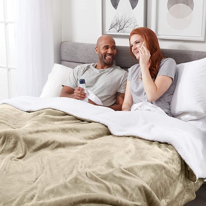 Genteele Sherpa Throw Blanket Super Soft Reversible Ultra Luxurious Plush Blanket, 102 x 90 inches, Taupe/White