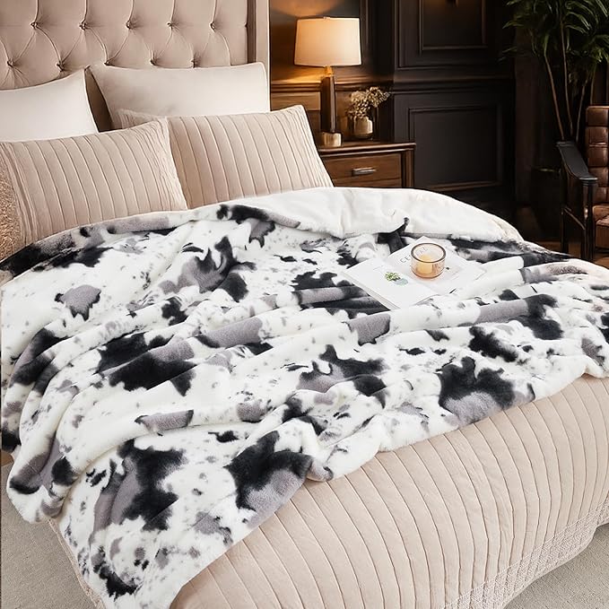 Cozy Bliss Cow Print Faux Fur Throw Blanket, Animal Printed Blankets Super Soft Warm Thick Fluffy Throws Home Decor for Couch Bed Sofa Women (Black&Grey Cow, 60x80 Inches)