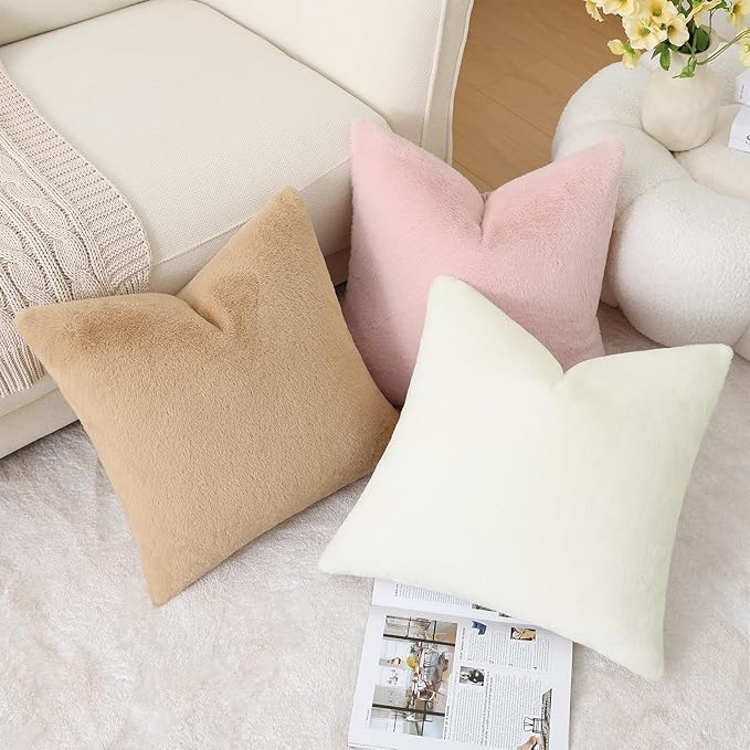 Pallene Faux Fur Plush Throw Pillow Covers 26x26 Set of 2, Luxury Soft Fluffy Cozy Decorative Pillow Covers for Sofa, Couch, Living Room, Blush Pink